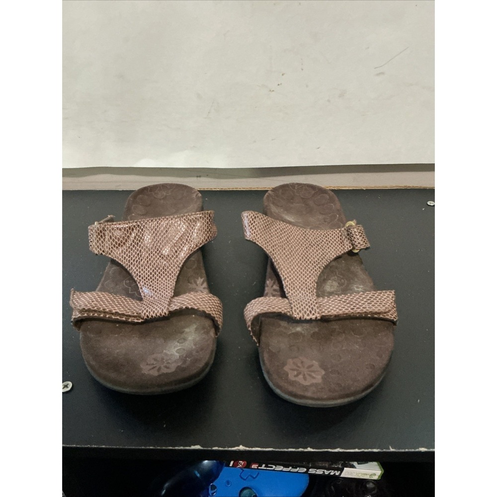 Vionic Orthaheel Molly Adjustable Strap Slide Sandals Snakeskin Brown 5 Slip On
